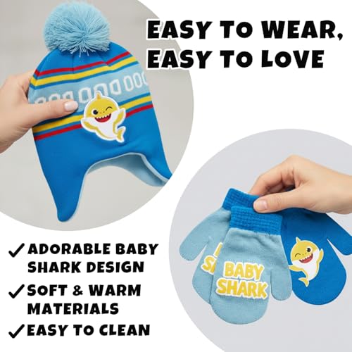 Image of Nickelodeon Boys' Baby Shark Winter Hat and 2 Pairs of Mitten Set (Toddler)