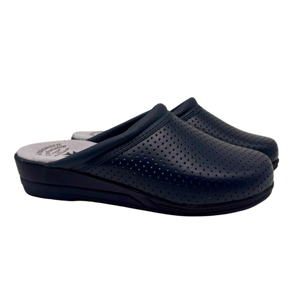 Zuecos Mujer Antideslizantes de Trabajo Calzado Sanitario y ortopédico cómodo para Enfermera, Cocina u Hospital Zapatillas de Piel o Goma Blancas y Azules de la Talla 35 a 41