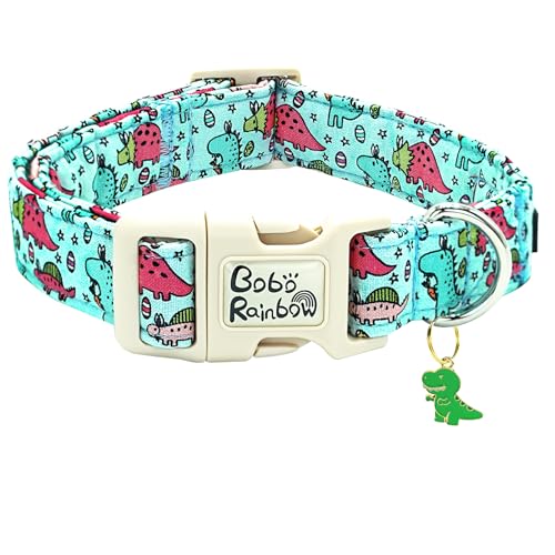 Image of Dog Collar-Blue Pink Dinosaur Print Adjustable Pet Collars Soft Comfortable Puppy Collar Cute Cotton Collars Durable Gift for Large Dogs