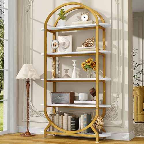 Image of Jehiatek Arched Bookshelf Bookcase, 71 Inches Tall Industrial Book Shelf with Sturdy Metal Frame, E1 Quality Boards, Freestanding Display Shelving Unit, Gold
