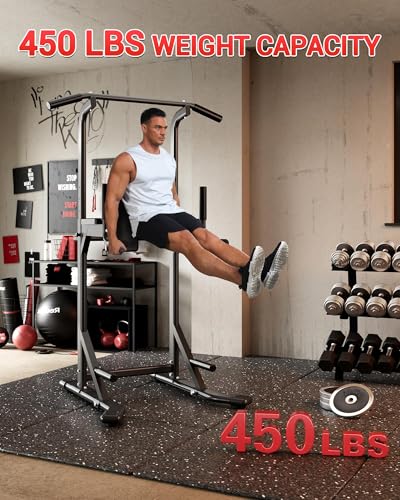 Image of Pull Up Bar Free Standing Power Tower Dip Station, 450 Lb Capacity Carbon Steel Pull Up Station for Home Gym, Adjustable Height for Pullups Chin Ups Dips Knee Raises