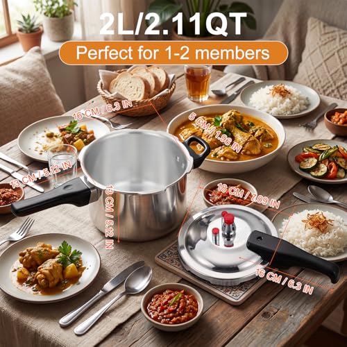 Image of DOITOOL Aluminum Pressure Cooker, 2 Liters /2.11 Quarts Small Pressure Cooker with Safety Valves, Fast Cooking and Even Heat Distribution