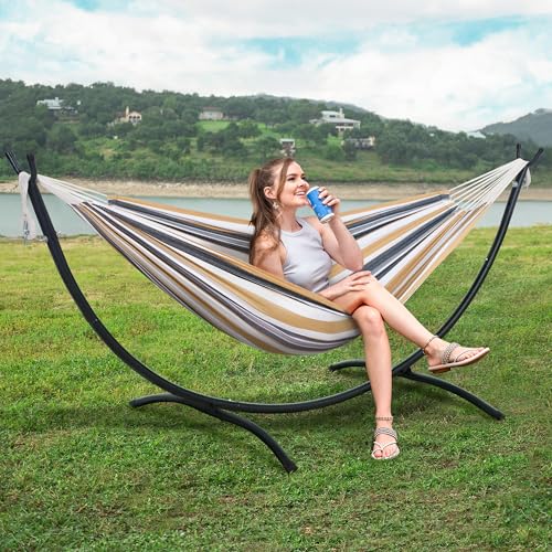 Image of SUNCREAT 2 Person Hammock with Stand, Heavy Duty Free Standing Hammock with Stand Included, Coffee Stripes