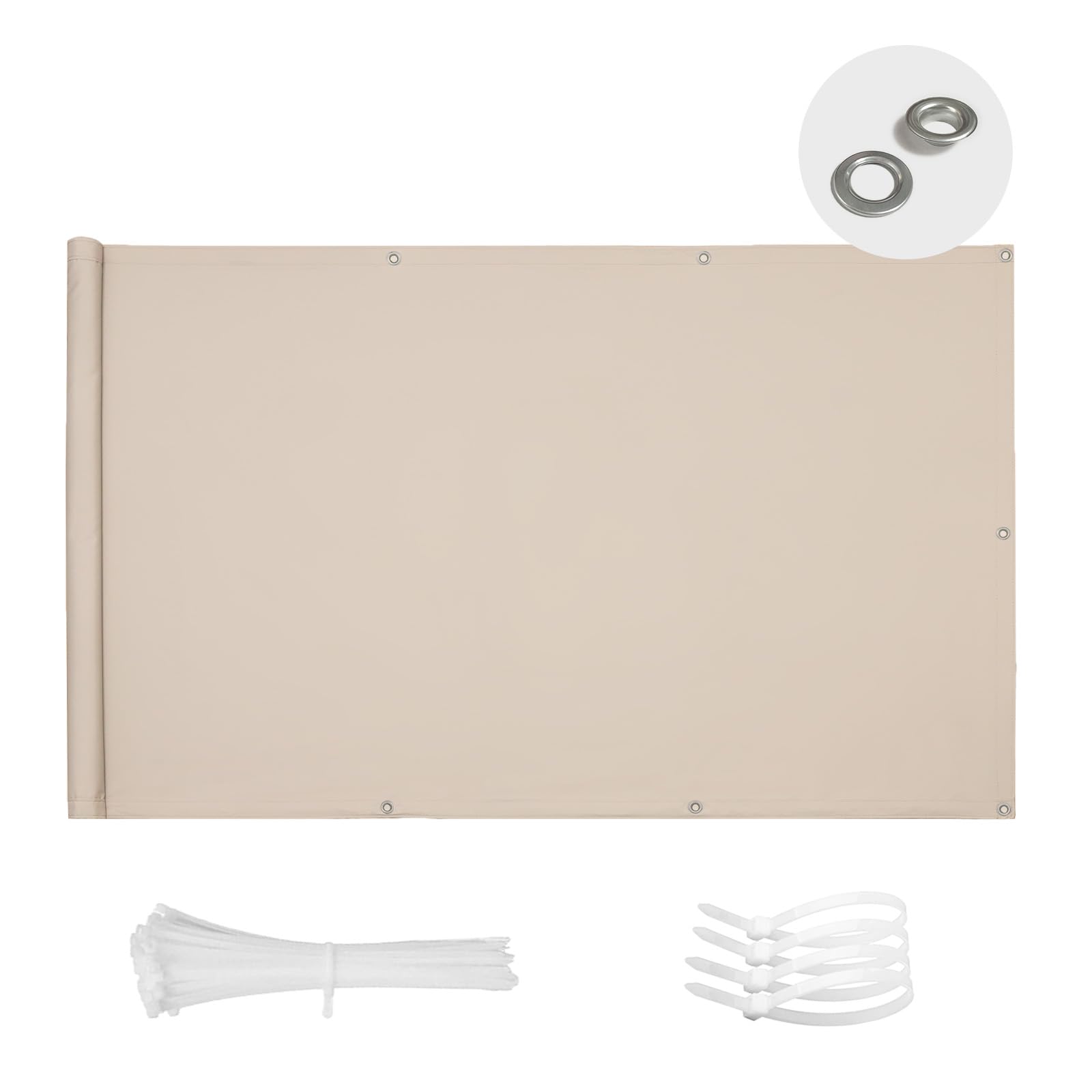 SUN BLOCK Balcony Privacy Screen 75 x 500 cm Waterproof Privacy Cover for Balconies UV Protection Opaque with Holes and Cable Ties for Outdoor Patio Light Khaki