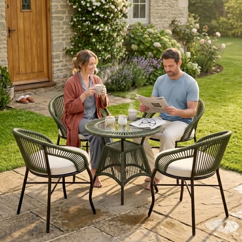 Image of OUTLIVING Init Outdoor Patio Furniture Set | 4 Seater Wicker Chairs with Cushioned Seats & Round Coffee Table | Garden, Balcony, Terrace & Lawn Seating Set - OliveGreen