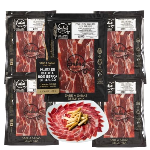 SABE A SABAS Paleta de Bellota 100% Iberica de Jabugo Cortada a Cuchillo Jamon Iberico Loncheado Pata Negra Lonchas en Sobres Sierra de Huelva 5 Sobres de 100g Curacion 30 Meses Lista para Aperitivo