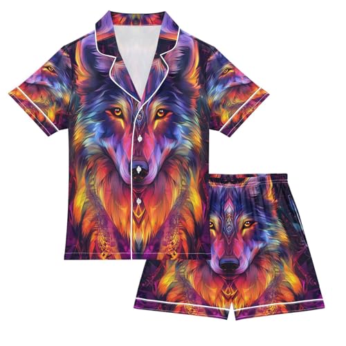 ALAZA Wolf Animal Colorful Satin Pajamas Set Short Sleeve Button Down Sleepwear Summer Pjs 2 Piece