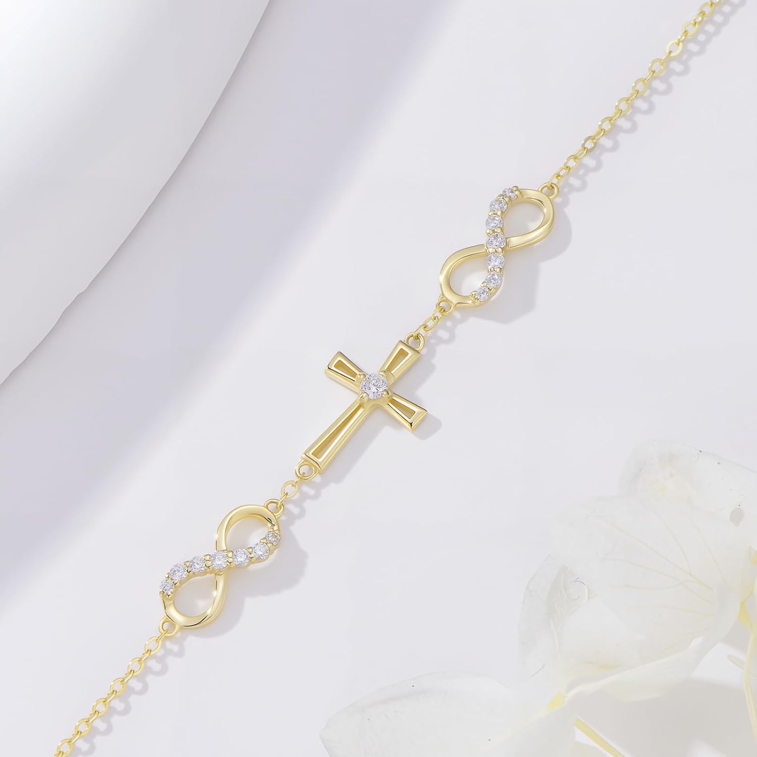 SISGEM 10k Gold Created Moissanite Infinity Cross Bracelet for Women, Religious Jewelry Gift for Her, 6.2"-7.8"