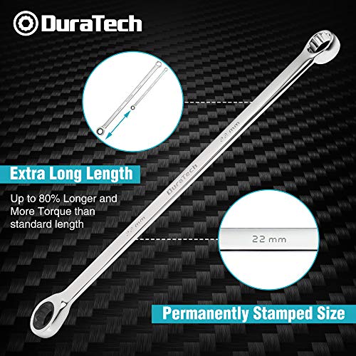 Image of DURATECH Extra Long Ratcheting Wrench Set, Double Box End Wrench Set, Metric, 9-Piece, 8,10,12,13,14,16,17,19,22 mm, CR-V Steel, with EVA Foam Tool Organizer