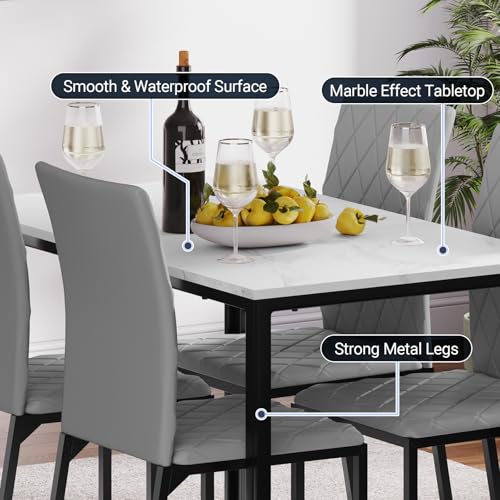Image of Hello-5ive Dining Table and Chairs Set of 4, Modern Dining Table Set Kitchen Furniture, Marble Effect Dining Table with 4 PU Leather Dining Chairs, 120x70cm Dining Room Set for Home Apartment (Grey)