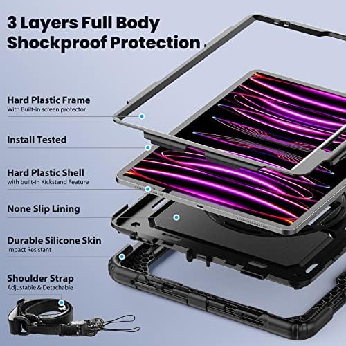 SEYMAC iPad Pro 12.9 Inch Case (6th/5th/4th/3rd Generation) 2022/2021/2020/2018, Shockproof Case with Screen Protector, Rotating Hand Strap & Stand, Shoulder Strap and Pen Holder for Pro 12.9 , Black