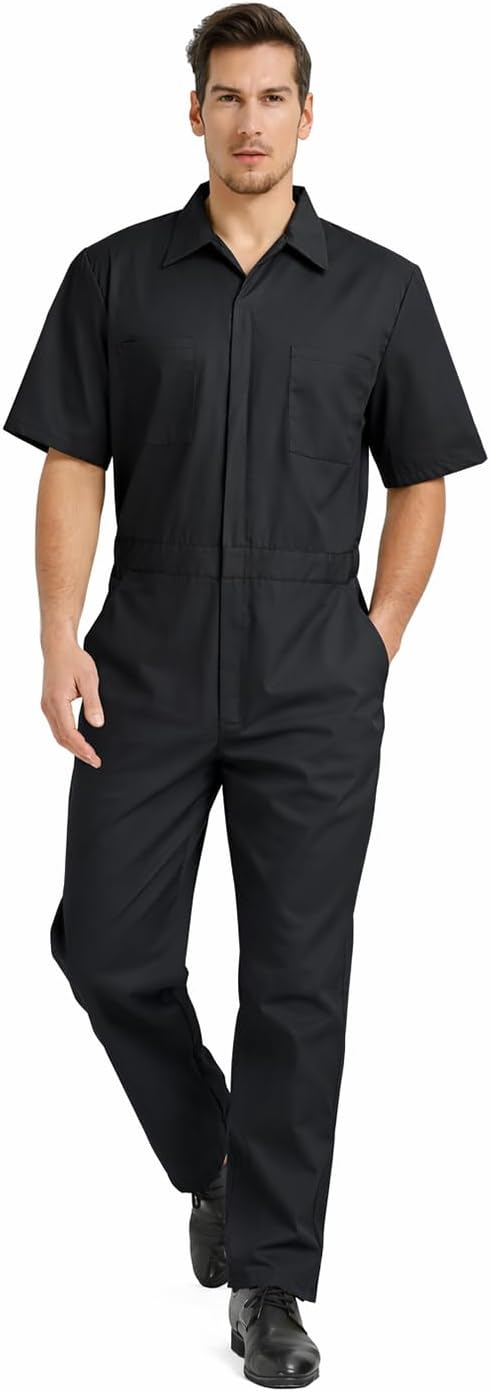 TopTie Men's Short-Sleeve Coverall Work Jumpsuit Lightweight with Zipper Front Elastic Waist