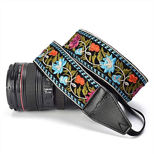 CLOUDMUSIC Camera Strap Jacquard Weave Neck Strap For Women Girls Men With Floral Vintage Series (Blue Red Flowers)