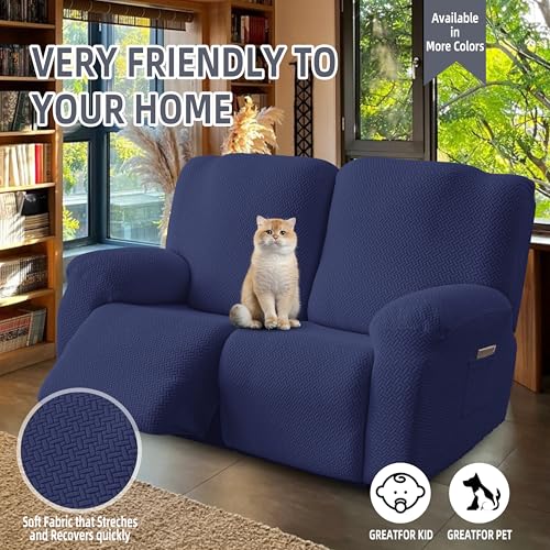 Image of Genina Recliner Loveseat Covers, Stretch Reclining Sofa Covers, 2 Seater Couch Cushion Stripe Jacquard Recliner Slipcovers - Furniture Protector Covers for Pet Kid (Navy Blue)