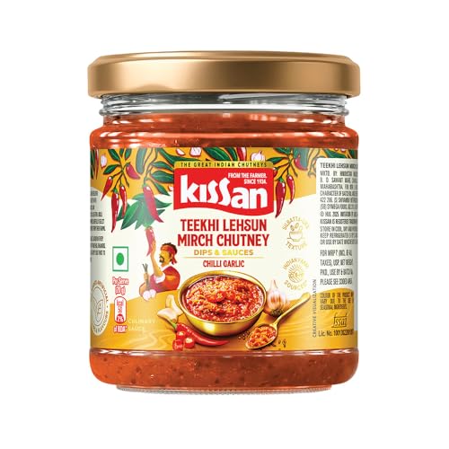Kissan Teekhi Lehsun Mirch Chutney, 200g, For Traditional Spicy Flavors, With Mathania Red Chillies & Fresh Whole Garlic, Silbatta Like Texture, Sourced From Indian Farms, Ready to Eat