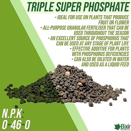 Elixir Gardens Triple Super Phosphate Ripening Fertiliser | NPK 0-46-0 | Fruit, Root, Vegetable & Flower Feed | 500g - 25kg Available in a Bag or Tub | Covers up-to 33m² | 0.5kg Bag
