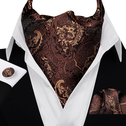 Image of Barry.Wang Ascot Ties Cravat Tie Men Paisley Plaid Scarf Self Tie Pocket Square Cufflinks Set Wedding Party