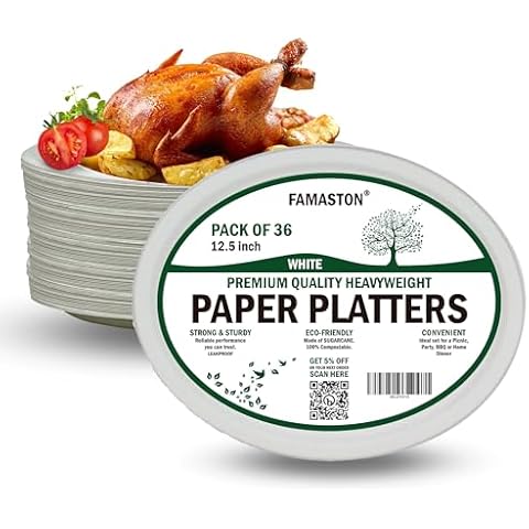 FAMASTON 36 pack Oval Paper Plates 12 inch 100% Compostable Heavy-Duty disposable extra large platters thanksgiving dinner party bulk 12" biodegradable platos - White Cover