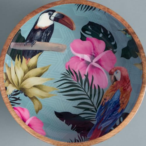 Image of SAAGA Printed Mango Wood Serving Bowl - 10 x 4 Inch Handcrafted Round Wooden Bowl | Food-Grade Finish for Noodles, Soups, Curries & Snacks - Tourmaline Finish
