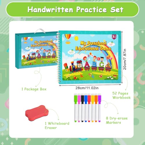 Image of PATPAT Toddler Alphabet Tracing Book, Preschool Handwriting Practice Workbook with 8-Color Markers & Sponge Erase, Reusable Early Learning English Handwriting Practice Book