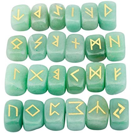 Whitewhale White Whale Green Aventurine Rune Stones Tumbled Engraved Lettering Crystal Set Healing Chakra Reiki