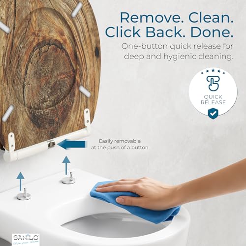 Image of Sanilo Wooden Toilet Seat with Quick Release & Soft Close [ROUND] - Decorative & Slow Close Molded Wood Seat - With One Click for Easy Installation & Cleaning - With Adjustable Fit (Rustic)