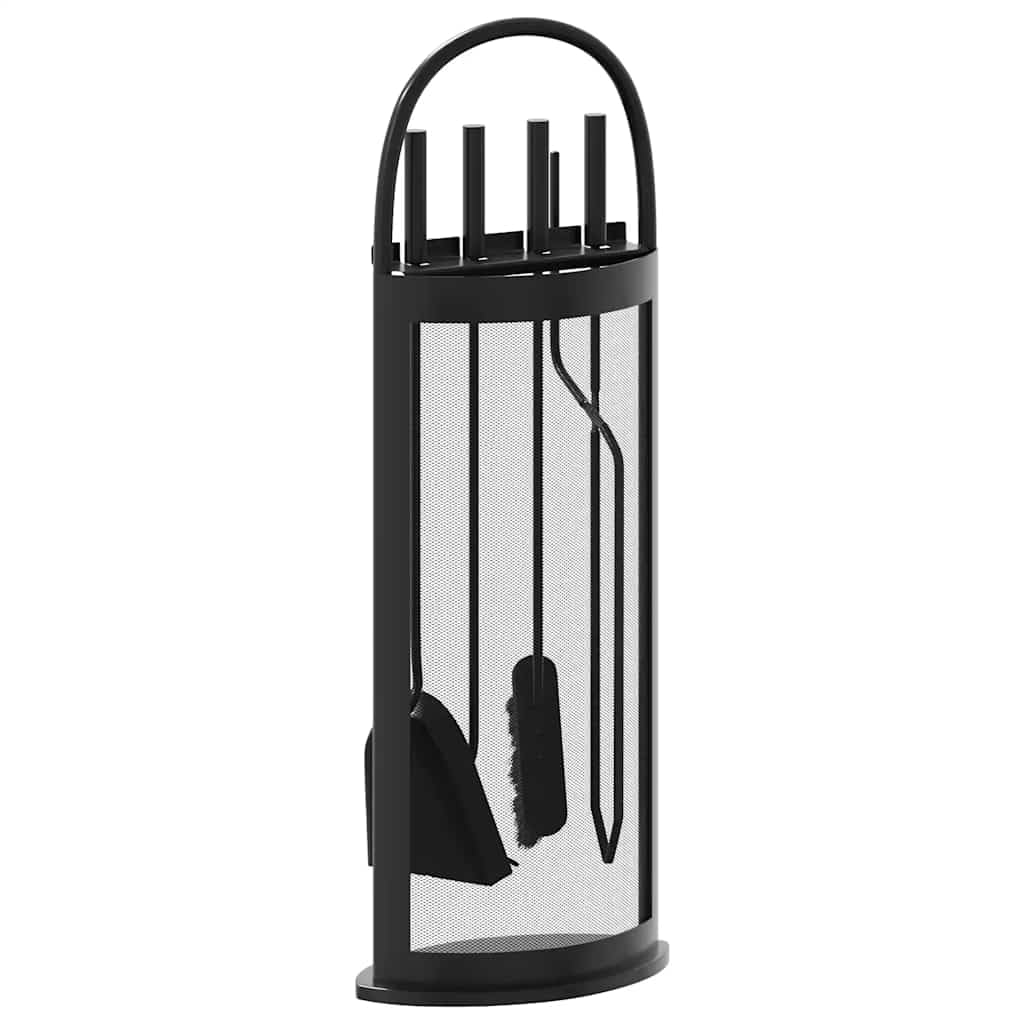 5-teiliges Kaminbesteck-Set, Kamingarnitur aus pulverbeschichtetem Stahl, Kaminkaminbesteck mit Ständer, Schürhaken, Zange, Besen und Schaufel, Schwarz