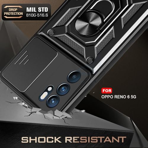Image of AESTMO Tough Armor Oppo Reno 6 5G Bumper Back Case Cover | Ring Holder & Sliding Camera Shield Cover | 360 Degree Protection Back Case Cover for Oppo Reno 6 5G (Black)