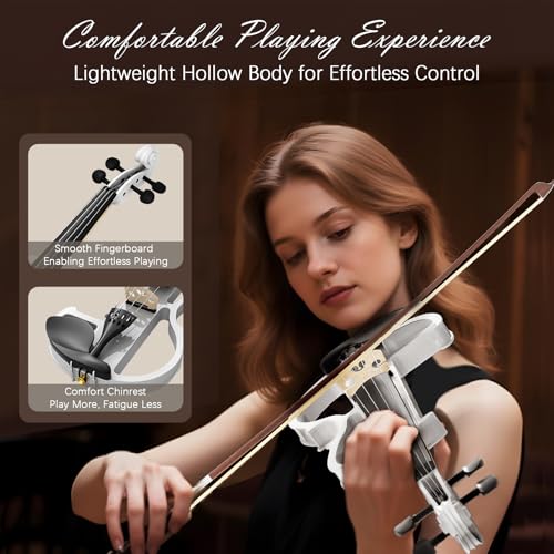Image of Electric Violin 4 /4 Kit,Full Size Beginner Violin for Adults,Students,with Case,Bow, Headphones,and Connecting Line,White