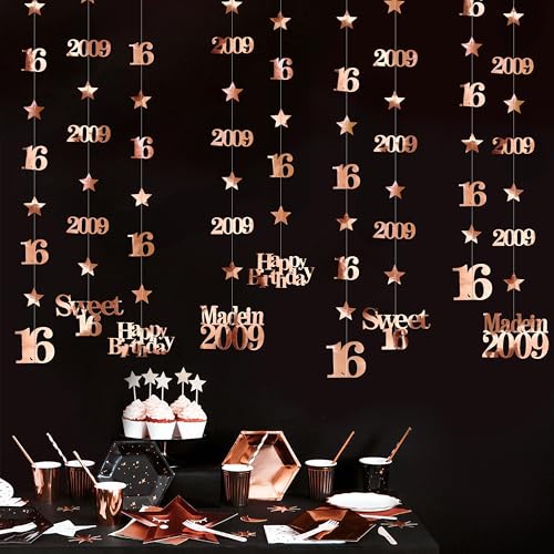 Image of 12PCS Rose Gold 16th Birthday Decorations Number 16 and 2009 Star Garland Streamer Banner Backdrop for Girls Boys Cheers to 16 Years Birthday Vintage Made in 2009 Sweet Sixteen Party Decor Supplies