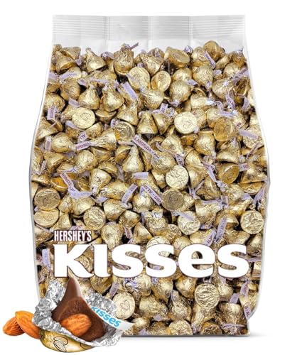 Hershey Kisses with Almonds Milk Chocolate Candy - 200 Pieces Gold Hershey Kisses Bulk - Almond Kisses Chocolate Candy Individually Wrapped - Bulk Candy for Party Favors, Snacking and Sharing - 2 Pounds