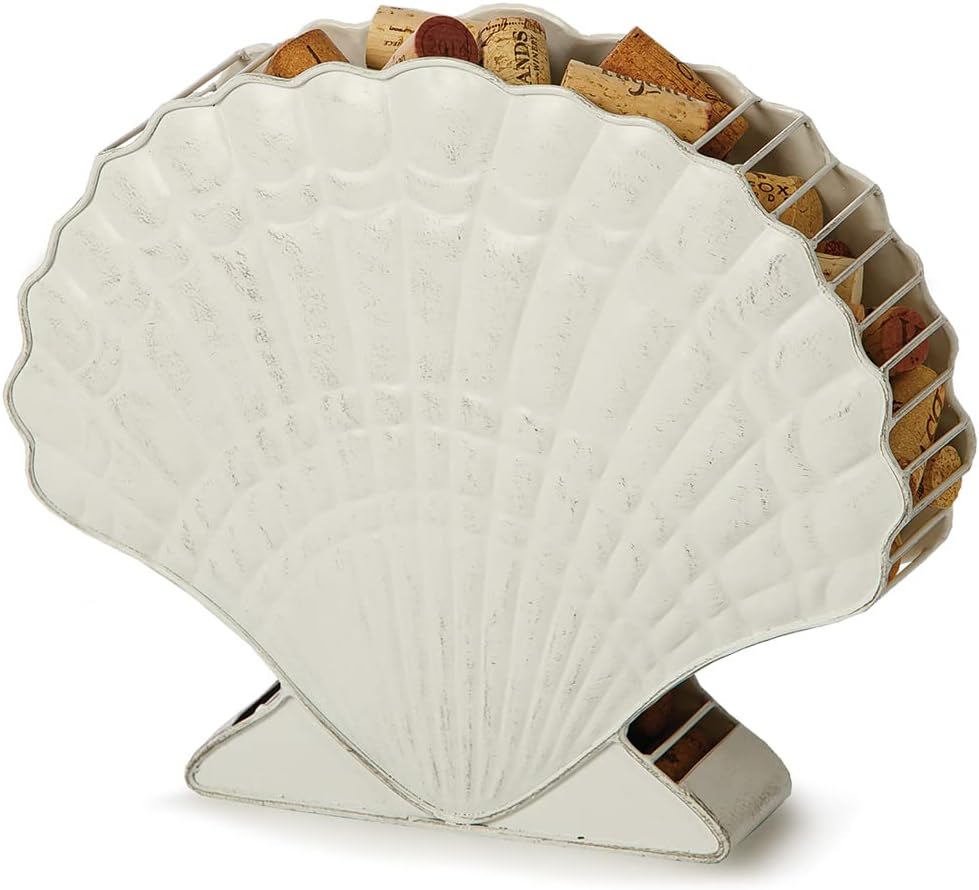 Picnic Plus Sea Shell Cork Caddy Holds Over 120 Wine Corks, Coastal White Wash Design