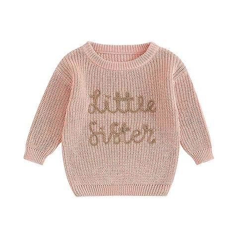 Dcohmch Toddler Girl Knit Sweater Big Sister Little Sister Macthing Outfit Embroidery Pullover Shirt Fall Winter Clothes (Peach Lil, 0-3 Months) Cover
