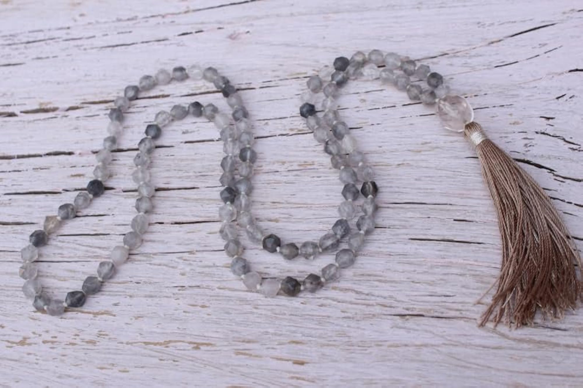 Natural Grey Agate & Clear Quartz 108+1 Beads Prayer Mala Necklace