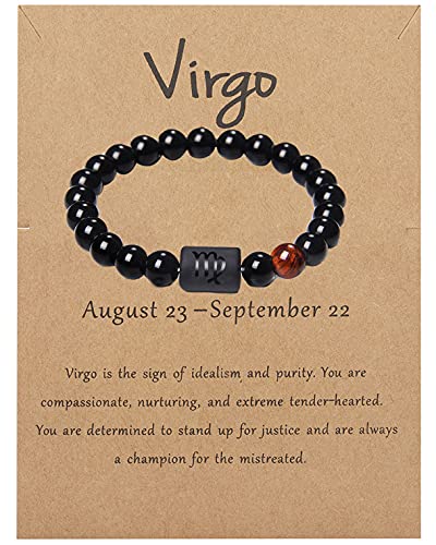 LAKIYOYO Zodiac Bracelet for Men Women Adjustable Natural Black Onyx Stone Bracelet 8mm 10mm Star Sign Constellation Horoscope Bracelet Gifts