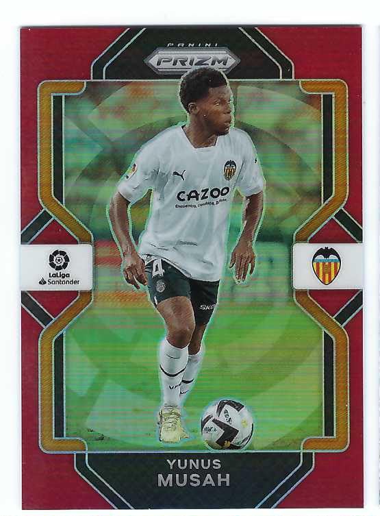 Panini AmericaYUNUS MUSAH 2022-23 Panini Chronicles Prizm La Liga Soccer #229 RED PRIZM PARALLEL Card #07 of only 99 Made! Valencia CF USA