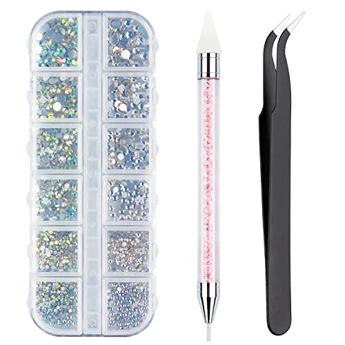Crystals AB Nail Art Rhinestones Decorations Nail Stones for Nail Art Supplies and Clear Crystal Rhinestones with Pick Up Tweezer and Rhinestone Picker Dotting Pen