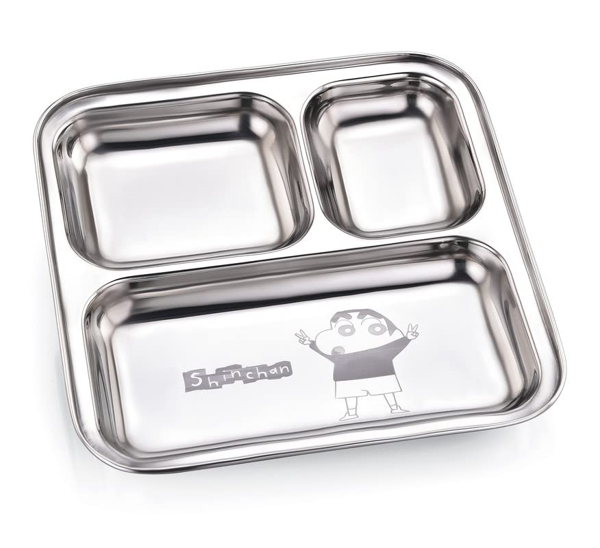 Expresso - Heavy Duty Stainless Steel Square Small Dinner Plate with 3 Sections Divided Mess Trays for Kids Lunch, Camping, Events & Every Day Use Kitchenware (Shinchan) (B0B5F4TDXN) Amazon Price History, Amazon Price Tracker