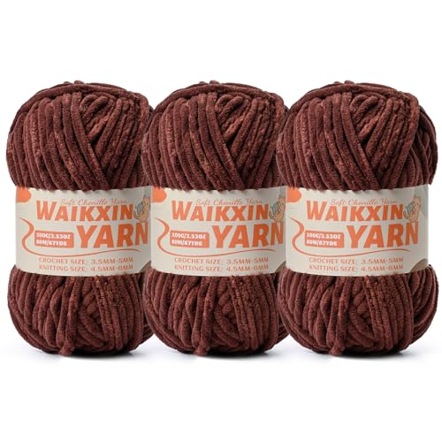 Image of (3 Deep Coffee) 3 Pack Super Soft Fuzzy Chenille Chunky Yarn for Crocheting, 300g (261yds) Velvet Fluffy Amigurumi Yarn for Hand Knitting Baby Blankets Weaving Craft