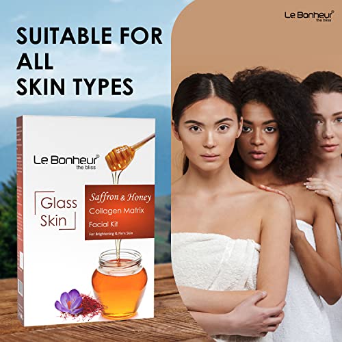 Le Bonheur Glass Skin Facial Kit | Saffron & Honey | 7 - Step Facial with Great Bleand of Nature with Science | Glow + Brightening + Deep Moisturizing | For Men & Women | DIY | Professionals Choice