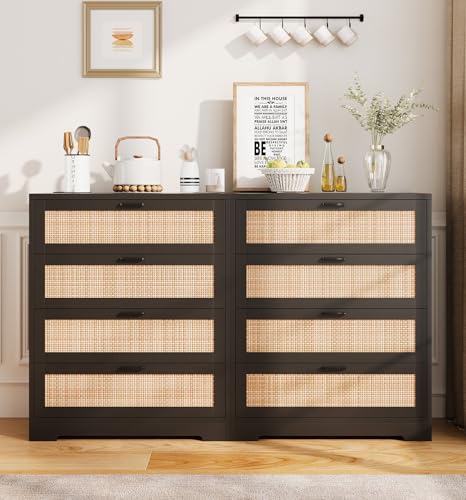 GarveeHome Rattan Dresser, Tall Chest of Drawers, Wood Dresser for Bedroom, Closet, Living Room, Hallway (Black, 15.8" D x 31.5" W x 38.6" H (4 Rattan Drawers))