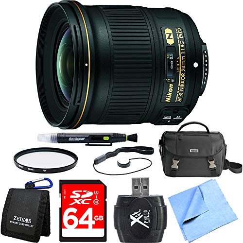 Nikon AF-S FX Full Frame NIKKOR 24mm f/1.8G ED Fixed Lens Bundle with 64GB Memory Card, Camera Case, 72mm Filter, Card Wallet, Cleaning Pen, Card Reader, Cleaning Cloth and Accessories (5 Items)
