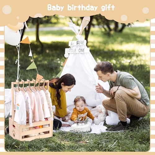 Image of Wooden Baby Shower Crate Closet, Baby Basket with Handle Baby Storage Crate Hamper, Baby Welcome Gifts with 6 Pieces Teddy Bear Wooden Hangers, Baby Personailzed Basket for Pregnancy New Parent