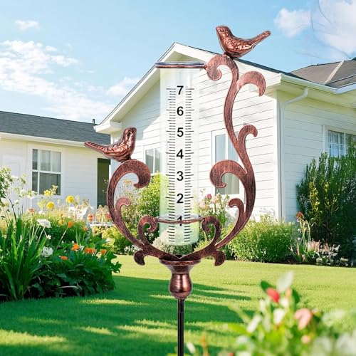 BUARO8AGA Rain Gauge Outdoor Cast Iron Bird Rain Gauge - 7 Capacity Plastic Rain Gauge Freeze Proof with Metal Stake Decorative for Garden Yard Patio & Lawn with Large Readable Numbers