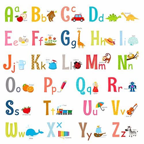 DECOWALL DW-1701S Uppercase Alphabet ABC with Pictures Kids Wall Decals Wall Stickers Peel and Stick Removable Wall Stickers for Kids Nursery Bedroom Living Room (Medium)