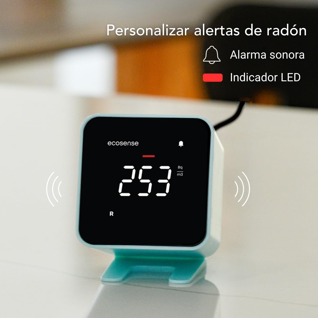 Ecosense EB100 EcoBlu, Detector de radón doméstico, captura y visualización de resultados cada 10 minutos, monitoreo continuo a corto y largo plazo, fácil de usar