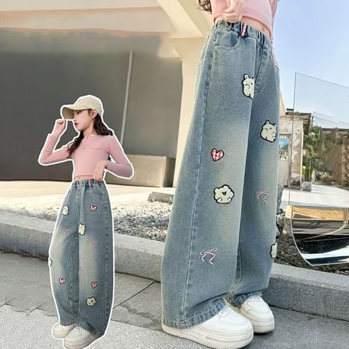 Girls Baggy Wide Leg Jeans Cute Embroidered Y2K Denim Pants High Elastic Waisted Casual Loose Streetwear Jeans Trousers2
