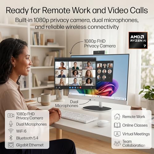 Image of HP 27 inch Touchscreen All-in-One Desktop Computer - 64GB DDR5 RAM, 2T SSD, AMD Ryzen AI 7 350 (Up to 5.0GHz),FHD IPS Display, AI Copilot+, WiFi6, Bluetooth 5.4, Windows 11 Pro, KB & Mouse, Accessories