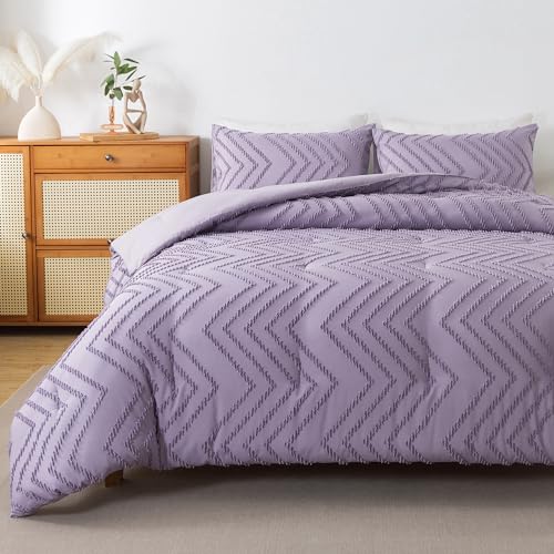 Image of Andency Purple Comforter Set Full Size, Boho Girls Women Lavender Soft Fluffy Warm Lightweight Bedding Comforter Sets for Full Bed, 3 Pieces Chevron Tufted Aesthetic Microfiber Comforter Set