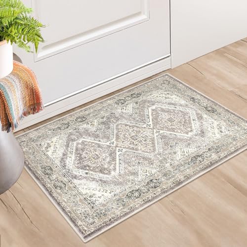 KUTA Washable Oriental Small Area Rug Ivory Grey Yellow, 2x3 Entryway Rugs Indoor Non-Slip Soft Printed Vintage Distressed Farmhouse Low-Pile Door Mat for Entrance Bedroom Kitchen Nursery